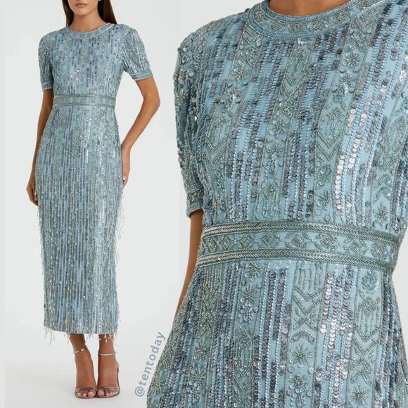 Mac Duggal 5980 Size 8 Light Blue High Neck Short Sleeve Fringe Column Dress - Picture 1 of 4